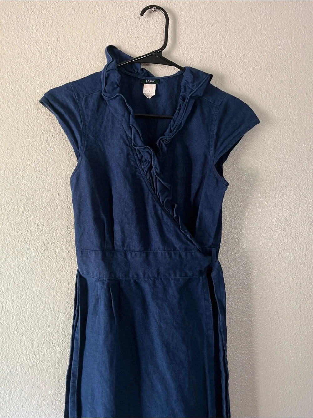 J. Crew 100% linen Navy Ruffle-Trim Wrap Dress